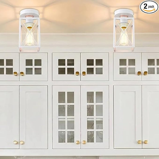 Ken & Ricky Hallway Flush Mount Ceiling Light,Cage Farmhouse Light Fixture Hardwired for Kitchen Over Sink,Bathroom,Laundry Room Entryway,Industrial Vintage Style,Single E26 Bulb（White,2PK）
