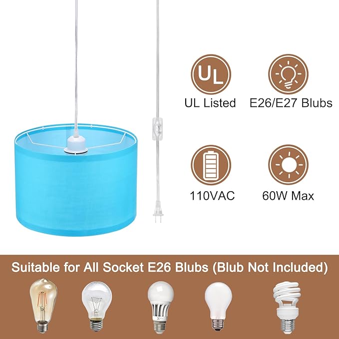 PATIKIL Plug in Pendant Light, 2 Pack 15Ft Rope Cord Hanging Lamp Fixture with ON/Off Switch, Linen Fabric Shade E26/E27 Bulb Socket for Bedroom Kitchen Living Room, Light Blue