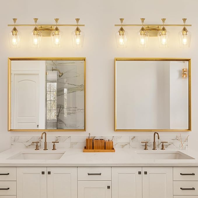 Bathroom Light Fixtures (4-Light, 29 Inch), Brushed Gold Vanity Lights for Bathroom with Clear Wine Glass Glass Shade, Modern Vanity Wall Lights for Mirror Bedroom Living Room Kitchen Hallway Porch