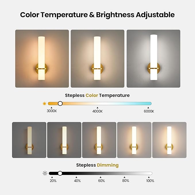 AIJIASI Battery Operated Gold Wall Sconces - 15 Inch Modern Sconce Wall Lighting 3000K-6000K Dimmable LED Wall Sconces Set of Two, Indoor Bathroom Sconce for Living Room Bedroom Hallway Stairway