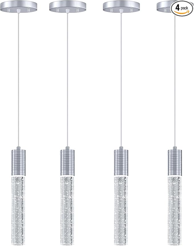 HAIXIANG 4 Pcaks Pendant Lights for Kitchen Island, White Light, Silver Chrome Crystal Linear Pendant Lighting, Bar Corner LED Light Fixture