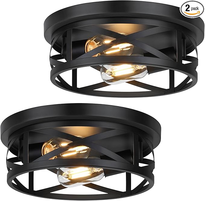 Bosceos 2-Light Flush Mount Ceiling Light Fixtures, 2-Pack Farmhouse Black Ceiling Lights, Industrial Metal Cage Light Fixtures with Adjustable Head for Bedroom Hallway Kitchen