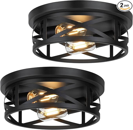 Bosceos 2-Light Flush Mount Ceiling Light Fixtures, 2-Pack Farmhouse Black Ceiling Lights, Industrial Metal Cage Light Fixtures with Adjustable Head for Bedroom Hallway Kitchen