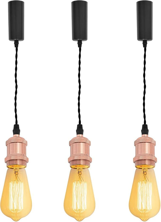 Kiven H-Type Track LightPendants, 59 Inch Cord Length Black Weave Rope Adjustable Length, Restaurant Chandelier DecorativePendant Light IndustrialPendant Lamp 3 Pack,Bulb Not Included（Rose Gold）
