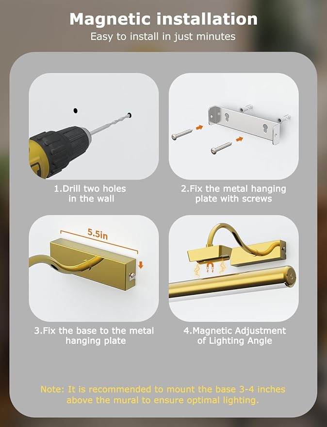16in Wireless Picture Light with Remote, Battery Operated Picture Lights for Wall 5000mAh, 3 Color Modes and Dimmable LED Art Lighting with Timer for Painting, Frame, Gallery, Bedroom (Gold-1Pack)