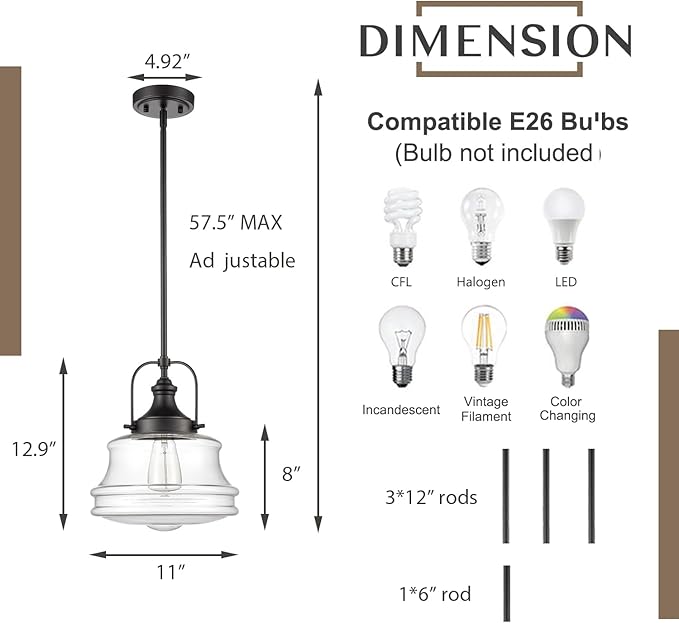 DEYNITE Industrial Black Pendant Light Milk White Glass Schoolhouse Hanging Light Fixture, E26 Dimmable Light for Kitchen Bar Dining Bathroom Bedroom