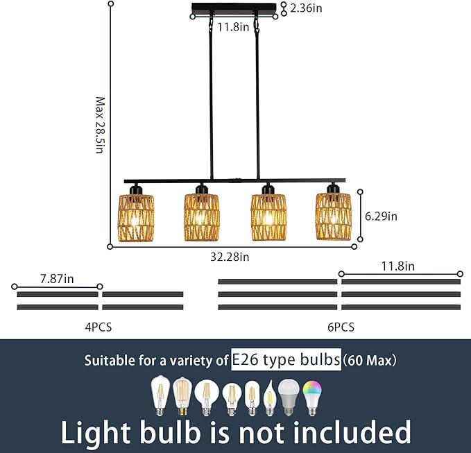 Rattan Kitchen Island Lighting,Boho Coastal Chandelier,4-Light Rustic Pendant Light for Dining Room,Height Adjustable,Black Farmhouse Woven Hanging Lights Fixture Over Table.
