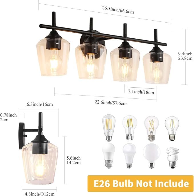 Bathroom Light Fixtures 4-Light Brushed Nickel Bathroom Vanity Light with Clear Glass Shade, Modern Wall Lights for Bedroom Hallway Living Room (Black, 4-Light)