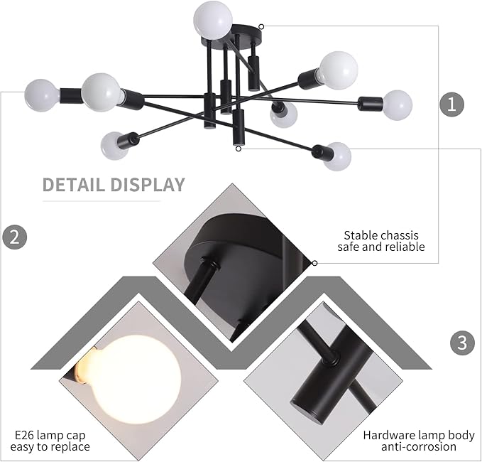 Garwarm Black Ceiling Light Fixture, 8-Lights Semi Flush Mount Ceiling Light, Sputnik Chandelier Industrial Ceiling Lamp for Kitchen Dining Room Bedroom Foyer Entryway Hallway Lighting Fixture