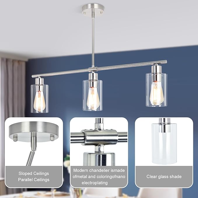 3-Light Kitchen Island Lighting, Farmhouse Dining Room Light Fixtures Over Table, Modern Brushed Nickel Island Lights Over Island, Linear Chandelier Hanging Ceiling Pendant Light Fixtures for Kitchen