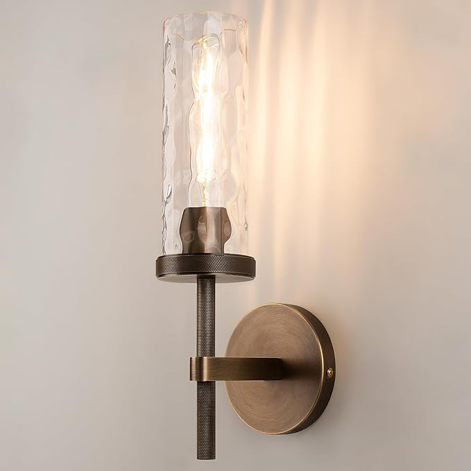 15" Knurled Brass Wall Sconce with Water Ripples Glass Tube, Bronze Bathroom Vanity Light Fixtures, Modern Lamp Lighting for Bedroom, Living Room, Hallway, Staircase, Mirror, Kitchen