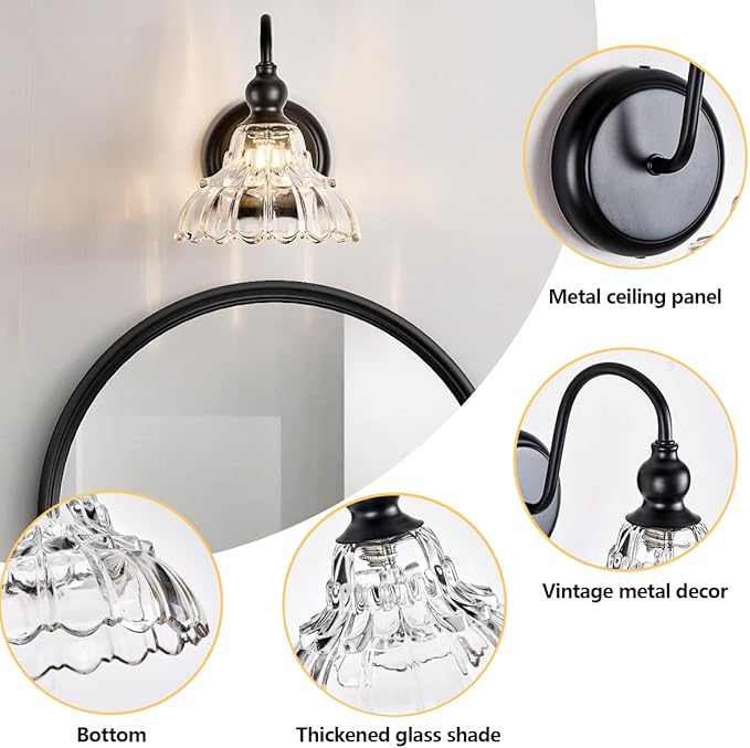 Modern Black Wall Sconce Mini Wall Light Made of Metal Body and Pressed Patterned Glass Retro Vanity Light for Bedroom, Bathroom, Doorway, Farmhouse