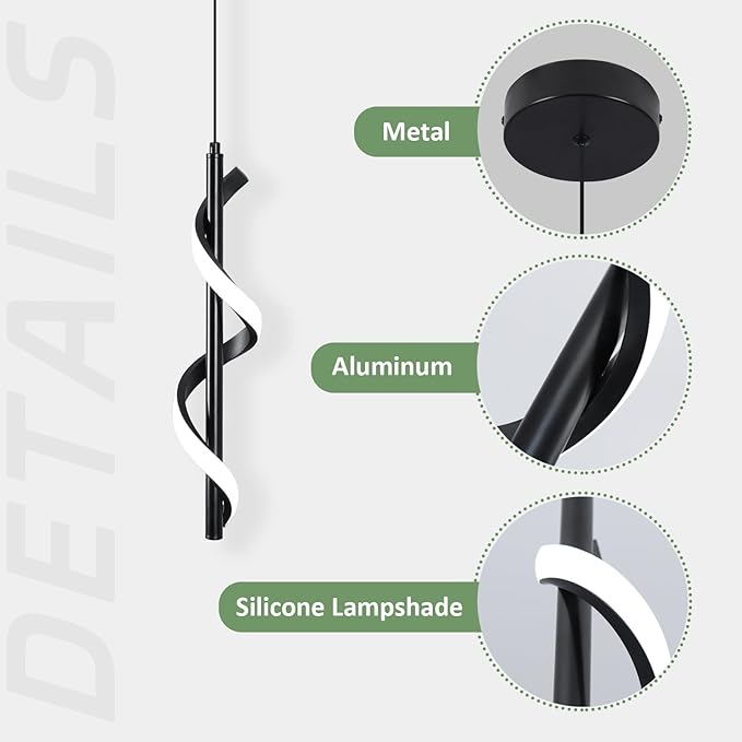 13W Modern Spiral Led Pendant Light Fixture, Cold White 5500K Minimalist Integrated LED Hanging Lamp, Adjustable Hanging Island Light Fixture For Bedroom Living room Kitchen Sink, 1 Pack (Black)