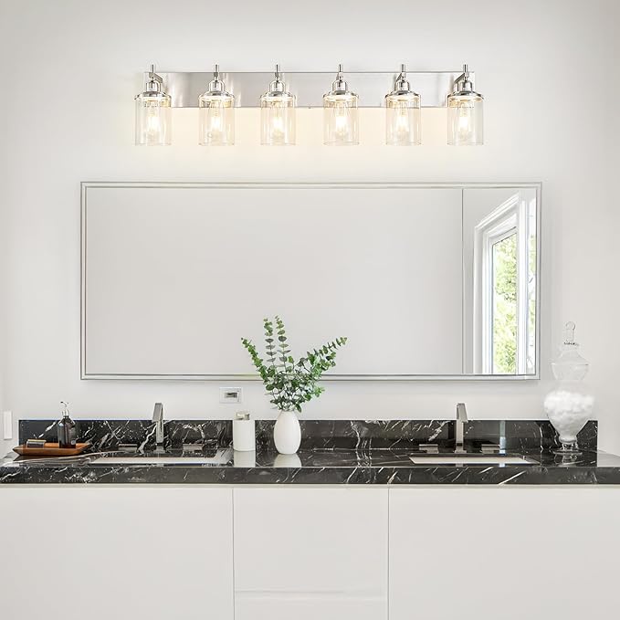 Lanhall 6-Light Brushed Nickel Bathroom Light Fixture Over Mirror Modern Bathroom Vanity Light Vintage Wall Lighting with Clear Glass Shade for Bathroom, Bedroom, Hallway, Cabinet