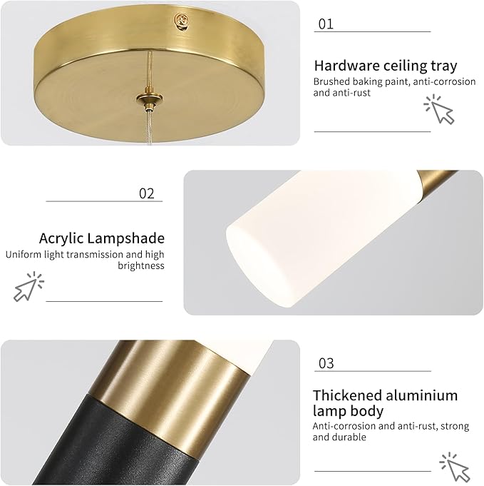 Modern Kitchen Island Pendant Light Fixtures, Black and Gold LED Ceiling Hanging Lights, 3 Color 2700K/4500K/6500K, Over Table Mini Linear Acrylic Pendant Lighting for Dining Room, Bedside, Bar