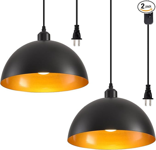 Plug in Pendant Light 2 Pack Industrial Hanging Lamp with Golden Finish Inside Black Vintage Pendant Lighting Fixtures with 15ft Cord On/Off Switch