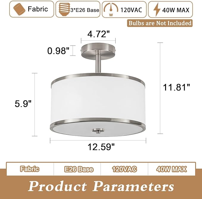 BUXVRCS Semi Flush Mount Ceiling Light Fixture, 3-Light Drum Lighting Fixtures, Hallway Light Fixture Ceiling Mount with Fabric Shade, Close to Ceiling Light for Bedroom Bathroom (Brushed Nickel)