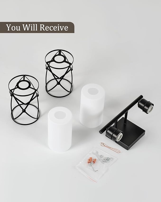2-Light Black Bathroom Light Fixtures with Milk White Frosted Glass, 13.8" Modern Bathroom Vanity Lighting Fixtures Over Mirror with Metal Cage, Wall Sconce Lights for Bath, E26, CH9176BKW-2W