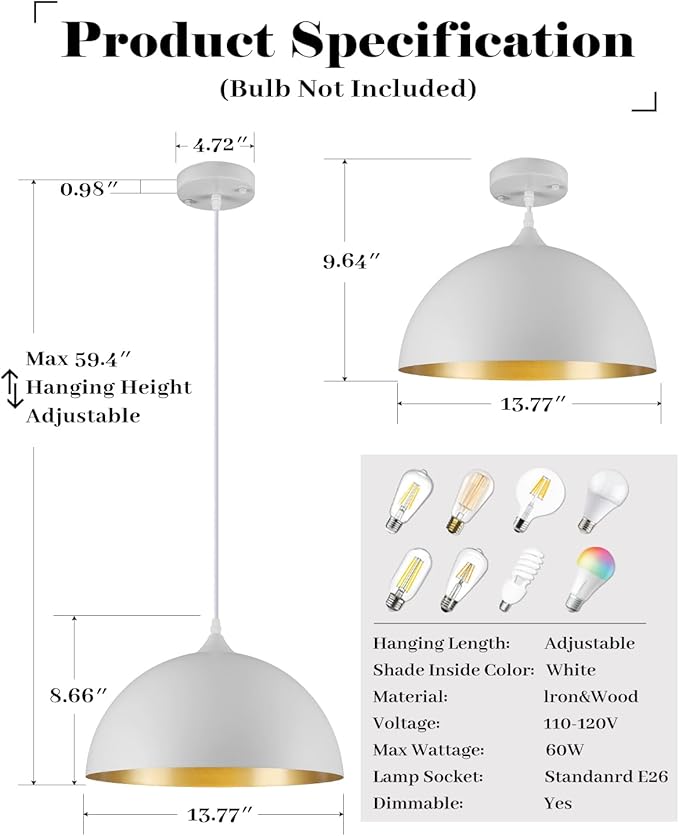 White Pendant Lights Kitchen Island 2 Pack, 14 Inch Large Dome Pendant Light, White and Gold Farmhouse Pendant Light, Island Pendant Lights for Kitchen, Dining Room