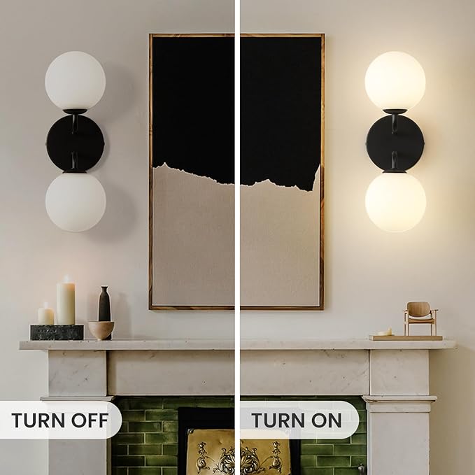 Yunnix Black Bathroom Vanity Light, Modern Globe Vanity Lighting Fixtures with Milk White Glass Shade, Mid Century Vanity Lights Wall Sconce Over Mirror for Bathroom Hallway Entryway (2 Pack)