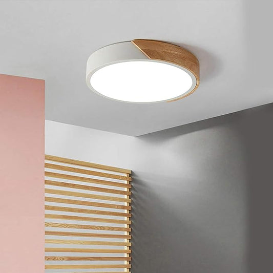 EDISLIVE Light Ceiling Light Dimmable 11 inch Modern Minimalist LED Round Shaped Wood & Metal & Acrylic Flush Mount Ceiling Light with Remote Control White