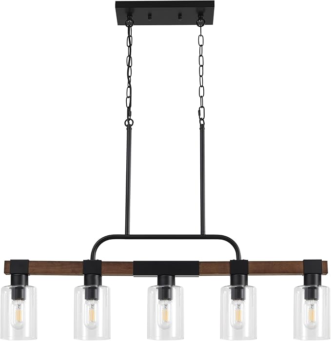 Farmhouse Dining Room Light Fixtures Over Table，Rustic Ceiling Pendant Lights Kitchen Island，5-Light Wood Kitchen Island Lighting Linear Chandelier with Clear Glass lampshade