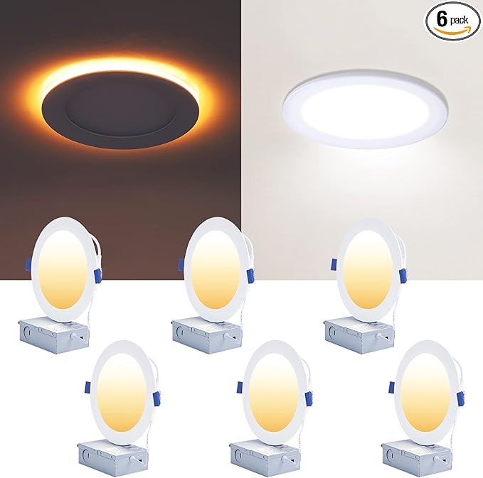 CycevSun 6 Pack LED Recessed Lighting 6 Inch with Night Light, Dimmable 5CCT Canless Ultra Thin Wafer Downlight Soffit with Junction Box, 5 Color Selectable, 12W, ETL & Energy Star