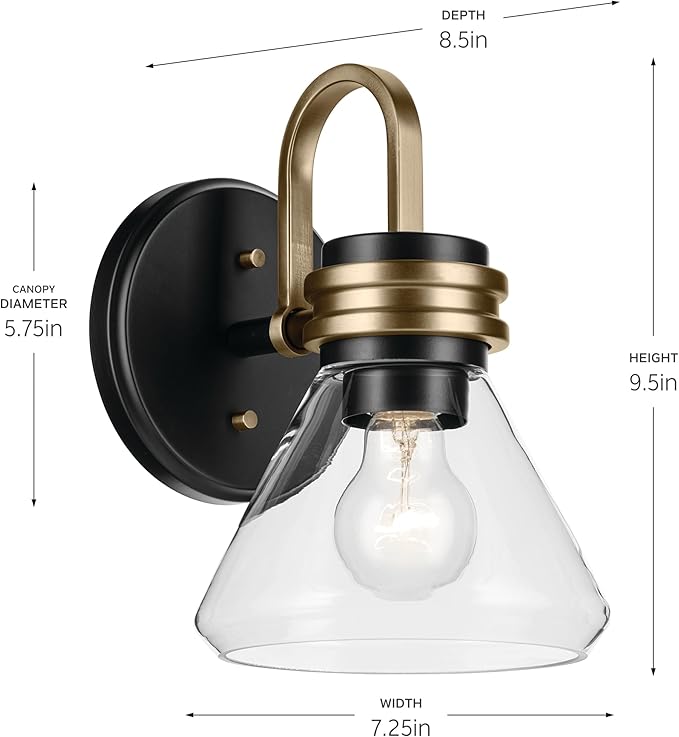 Kichler Farum 7.25" 1-Light Wall Sconce Bathroom Vanity Light Fixture with Clear Glass in Black for Fireplace, Kitchen, Bedroom, Hallway, or Vanity (7.25" W x 9.5" H) 55153BKCLR