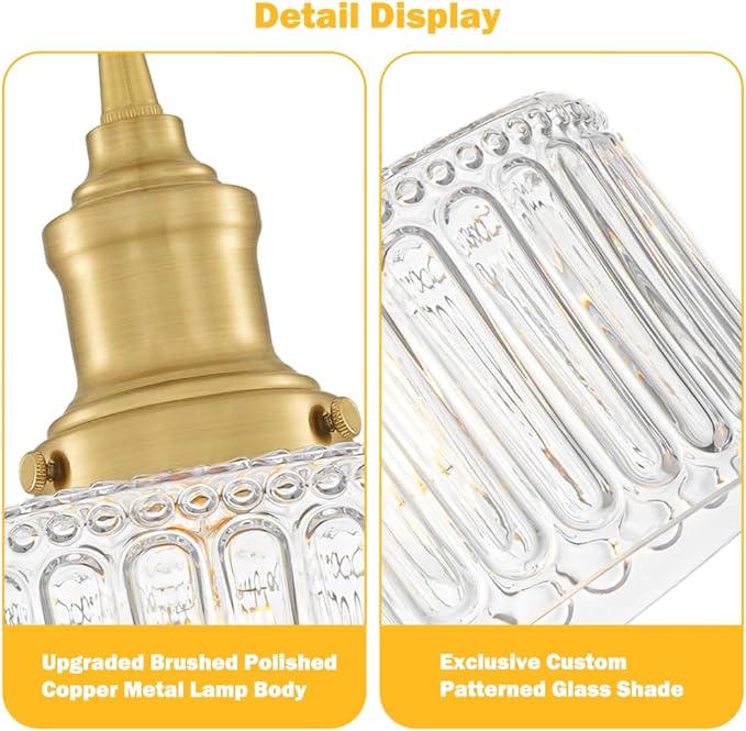 Vintage Pendant Light Set of 2, Brushed Gold Pendant Lights Kitchen Island with Clear Glass, Brass Kitchen Island Light Adjustable Hanging Light for Entrance Living Room Bathroom Dining Room Hallway
