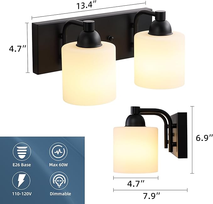 Mecgirn Milk Glass Vanity Lights for Bathroom, 2 Light Matte Black Bathroom Light Fixtures Over Mirror, Ceramic E26 Sockets Wall Mounted