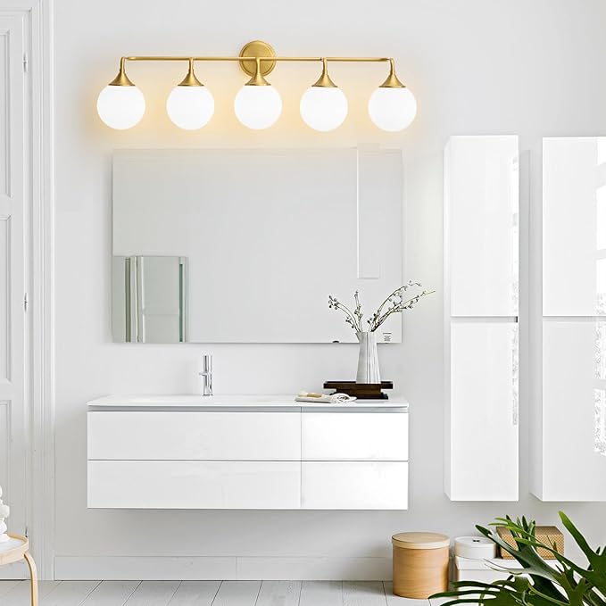 Gold Bathroom Light Fixtures, Modern Vanity Lights Over Mirror, Brushed Brass Wall Sconce Lighting 5-Light with Milky White Glass Ball Shades