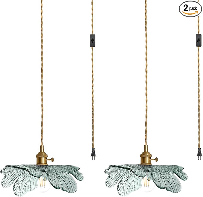 Plug in Hanging light 2 Pack , Modern Pendant Light Dark green Glass Shade 14.75ft Hanging Light with Plug in Cord Large glass pendant light Plug in Pendant Lighting for Kitchen Living Dining Room