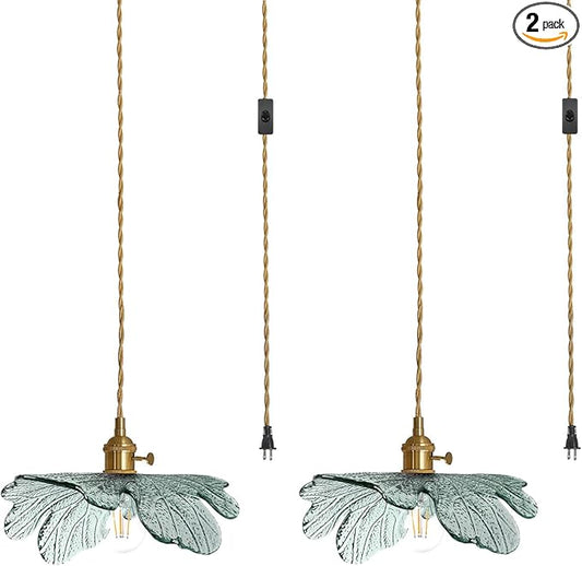 Plug in Hanging light 2 Pack , Modern Pendant Light Dark green Glass Shade 14.75ft Hanging Light with Plug in Cord Large glass pendant light Plug in Pendant Lighting for Kitchen Living Dining Room