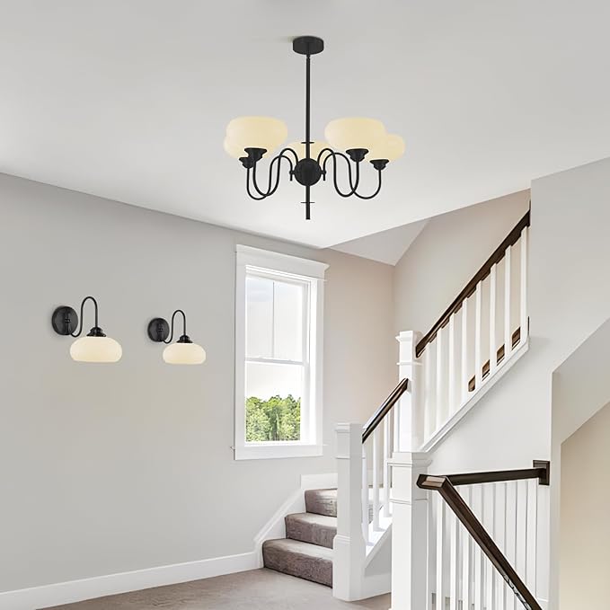 BOKT Black Chandelier for Bedroom, Modern Milk White Bowl Chandelier for Living Room, Adjustable 5 Light Farmhouse Chandeliers with Extension Rods