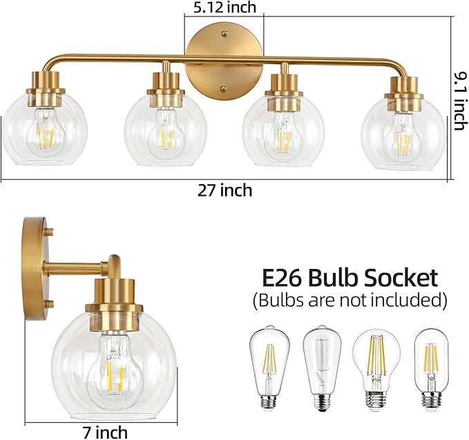Bathroom Light Fixtures Gold Vanity Light 4 Light Wall Sconces Lighting Brushed Brass Lights with Clear Globe Glass Shades Bath Wall Lamp for Mirror Kitchen Living Room Bedroom Hallway 27 Inch