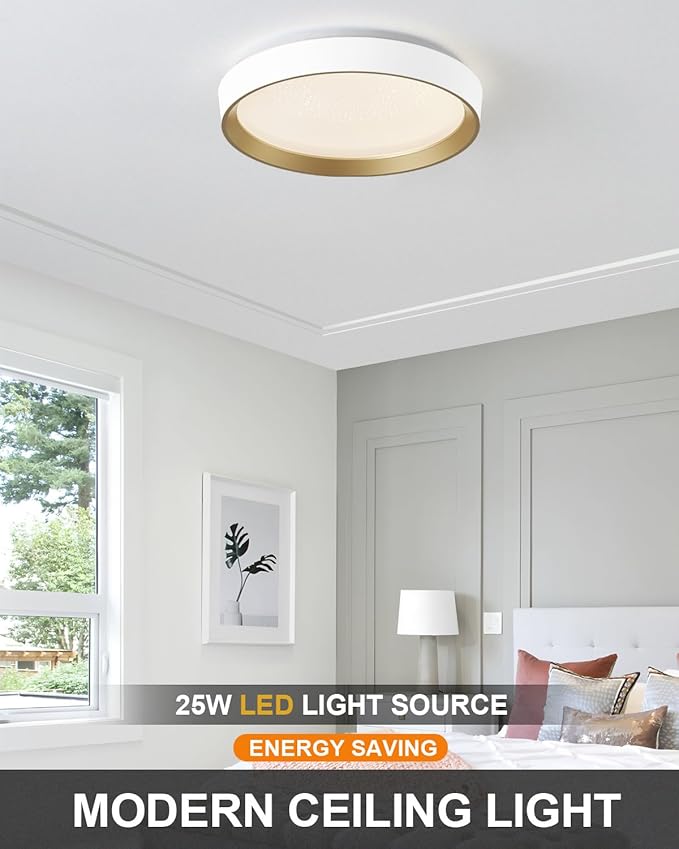 ANYLOVE 10 Inch Modern Flush Mount Ceiling Lights,White Gold Plastic Round Ceiling Light,Dimmable 3000K,3500K,4000K,5000K,6000K,for Living Room,Dining Room,Bedroom,Kitchen (White and Gold, 10 Inch)