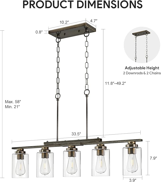 VONLUCE Kitchen Island Lighting, Dining Room Light Fixture Over Table with Glass Shade