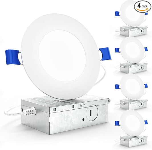 Sunco 4 Inch LED Recessed Lights, Slim Canless Ceiling Lighting, 650 LM, 10W (60W Equivalent), 4000K Cool White, Dimmable, Wafer Thin, Ultra Thin with Junction Box ETL 4 Pack