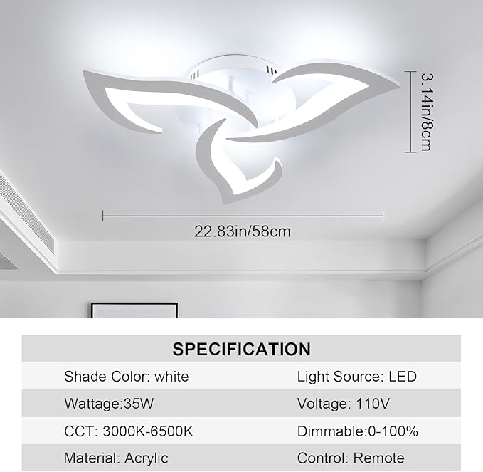 Goeco Modern Ceiling Light, Dimmable Acrylic Ceiling Light with Remote Control (3000K-6500K), 3-Head Flower Shape LED Ceiling Lamp for Living Room, Bedroom, Dining Room, Kitchen