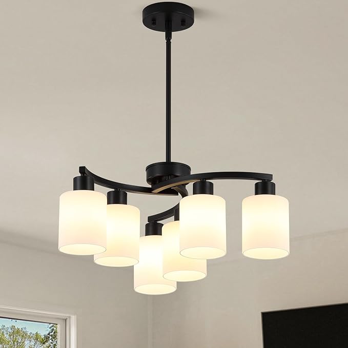 6-Light Modern Farmhouse Black Chandelier,22 inch Dining Room Light Fixture,Contemporary Glass Chandelier Adjustable Height Hanging Pendant Lights Kitchen Island,Glass Shade