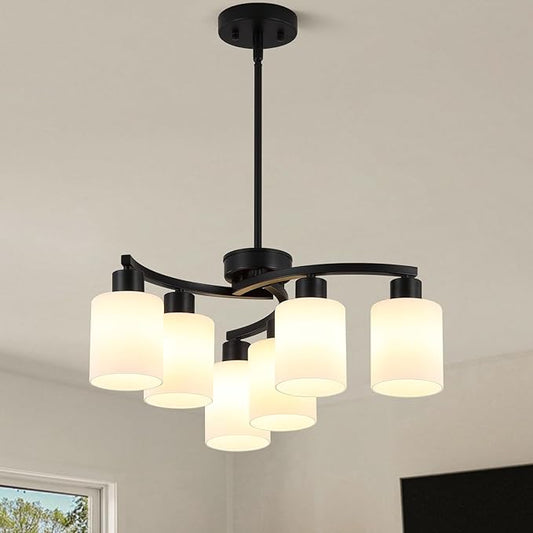 6-Light Modern Farmhouse Black Chandelier,22 inch Dining Room Light Fixture,Contemporary Glass Chandelier Adjustable Height Hanging Pendant Lights Kitchen Island,Glass Shade