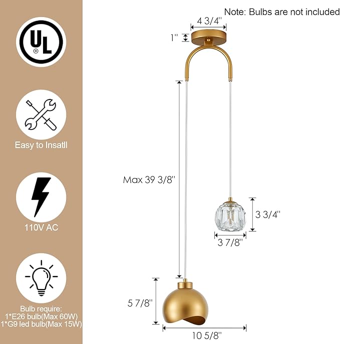 2 - Light Modern Pendant Light with Crystal Accent, Gold Pendant Light Hallway, Unique Hanging Light Fixture for Entryway Bedroom Kitchen Island