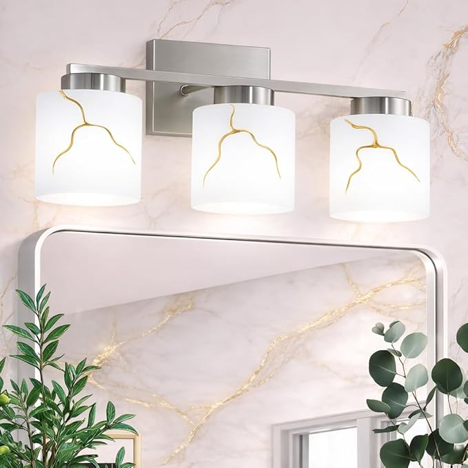 3-Light Brushed Nickel Bathroom Light Fixture, Modern Bathroom Vanity Light Over Mirror with White Marble Glass Shade, Wall Mounted Sconces Lighting for Bedroom Cabinet Kitchen Living Room