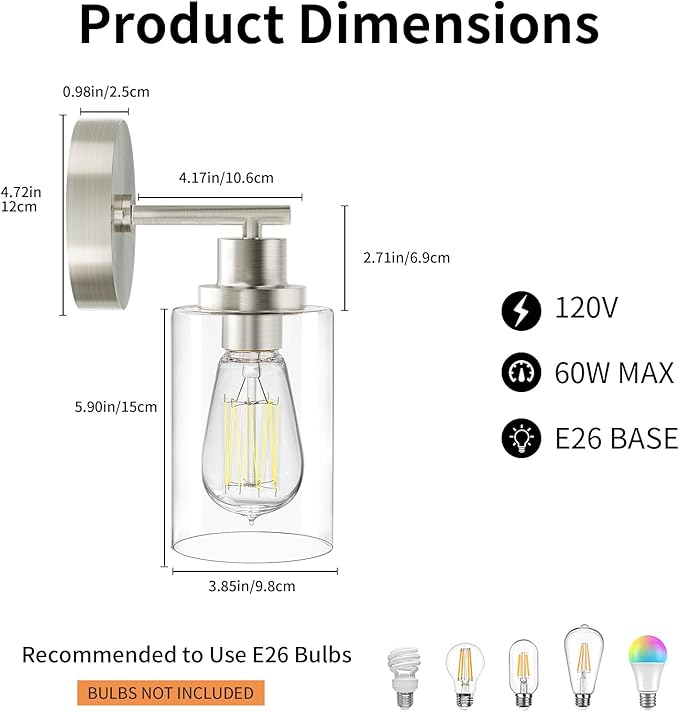 BUTHY Brushed Nickel Wall Light: LED Wall Sconces Indoor, Modern Sconces Wall Lighting with E26 Base and Clear Glass Shade, Wall Light Fixtures for Bedroom, Hallway, Mirror, Living Room