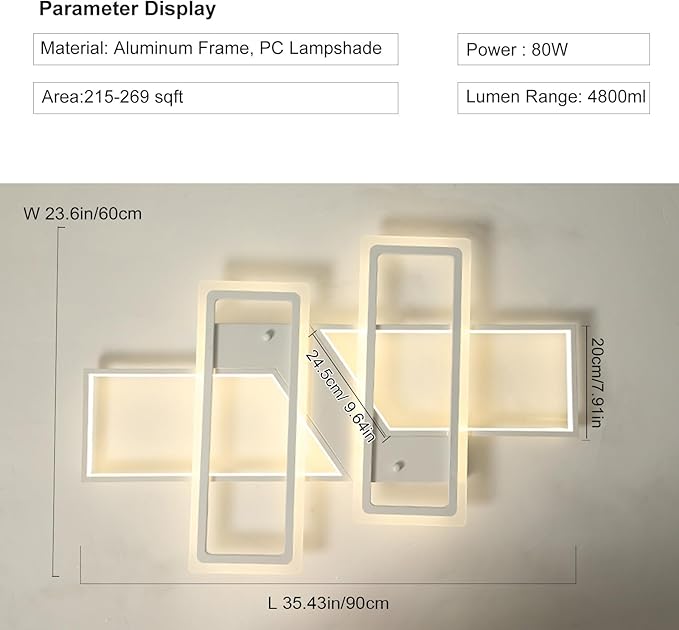 GEADI Modern Dimmable Ceiling Light Fixture,35.4" White LED Flush Mount Ceiling Lights with Remote Control,4 Ring Square Light Fixture for Bedroom Dining Room Living Room Kicthen (80W)