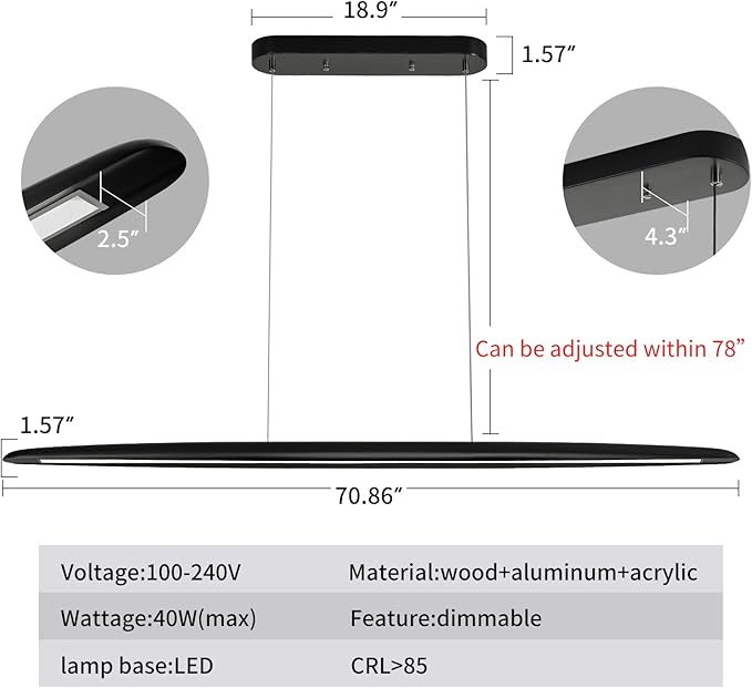 YISDESIGN 71" Wood Linear Pendant Light Black Linear Pendant Dinning Room Hanging Lights LED Dimmable Chandeliers 50w for Dining Room Pool Table Lights Kitchen Island Light Black