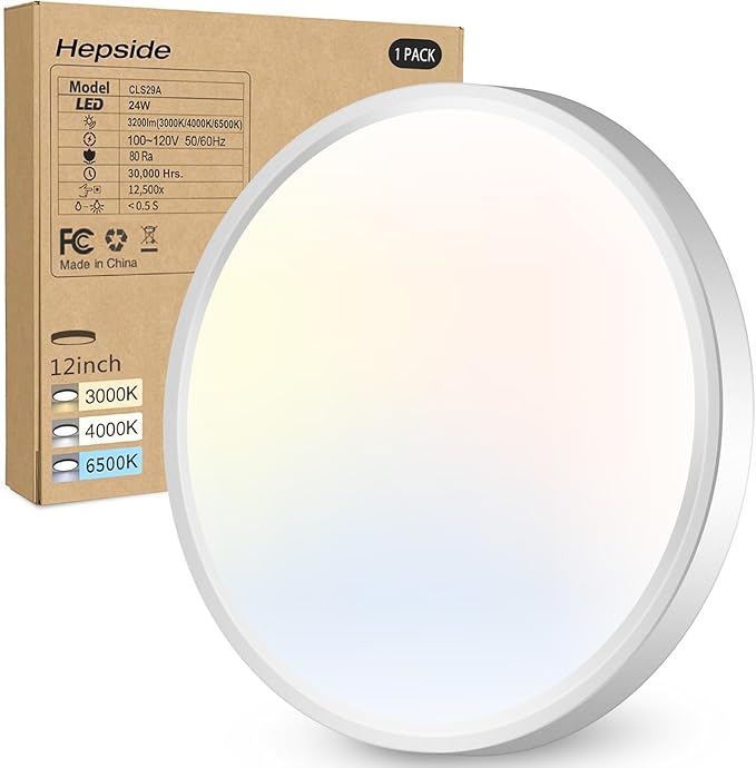 1PACK LED Flush Mount Ceiling Light - 3CCT Selectable 3000K-4000K-6500K & 100W Equivalent Modern Kitchen Recessed Ceiling Lamp 24W 3200Lm 12 Inch for Bathroom Closet Laundry Bedroom Hallway, White