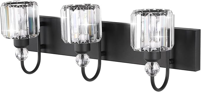 Ralbay Modern Crystal Vanity Light 3-Lights Modern Crystal Vanity Lights for Bathroom Matte Black Crystal Bath Wall Light Fixtures Modern Black Crystal Bathroom Light Fixtures