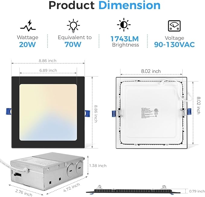 HONZIN 4 Pack 8 Inch Square LED Recessed Lighting, Ultra-Thin Canless Ceiling Light, 5CCT Selectable 2700K/3000K/3500K/4000K/5000K, 20W Dimmable, IC Rated with Junction Box, Black Trim