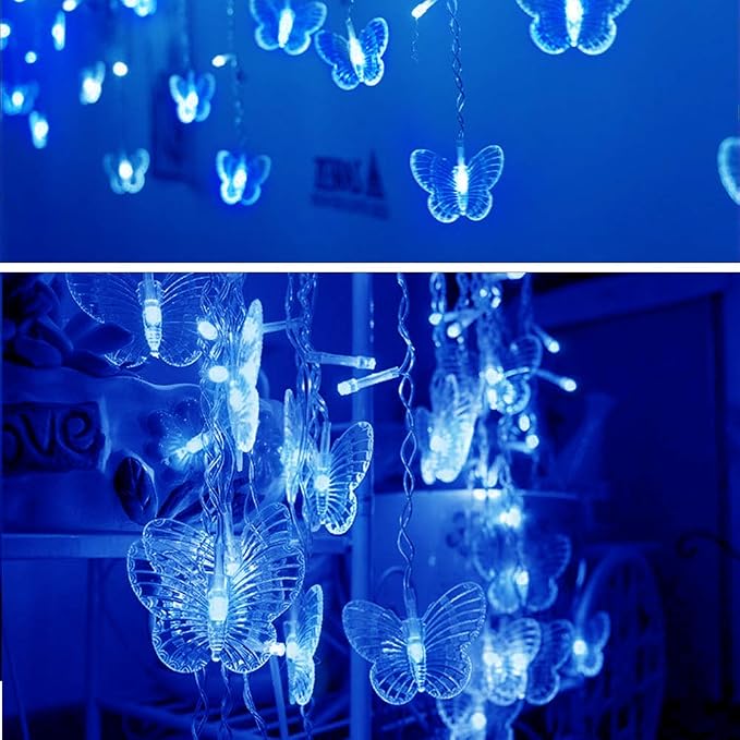 Lainin String Lights 11.5FT 96 LED Curtain Lights 18 Butterfly Drops Twinkle Lights 8 Modes Fairy String Lights for Party Indoor Outdoor Room Garden Wall Wedding Christmas Xmas Decorations (Blue)
